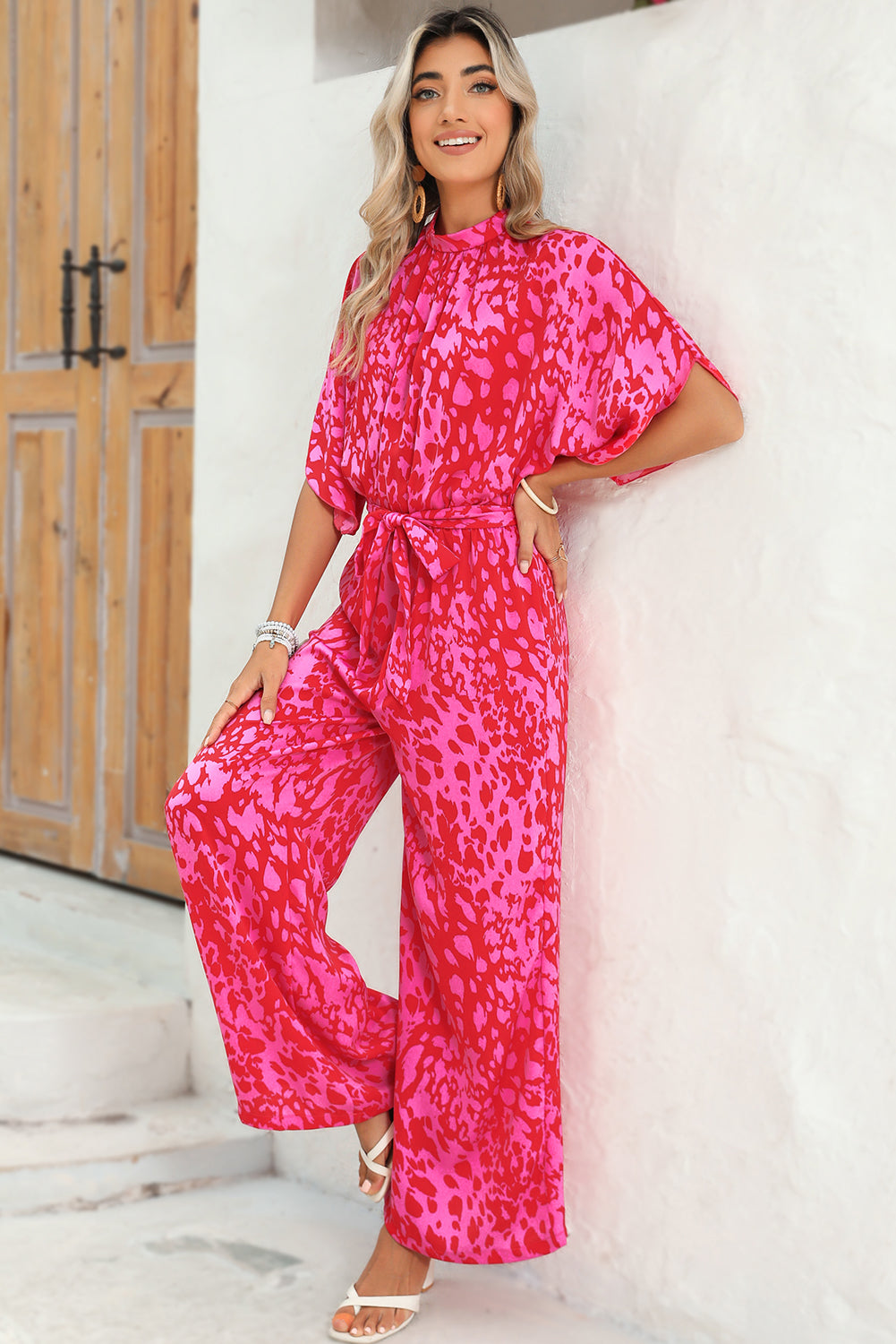 Rose Leopard Print Tulip Sleeve Belted Wide Leg Jumpsuit Jumpsuits f9d5d29f5d28c9f7