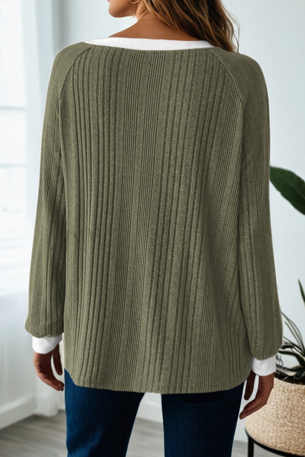 Moss Green Rib Texture Contrast Trim Round Neck Long Sleeve Top T Shirts fa2c425cb5041c4a