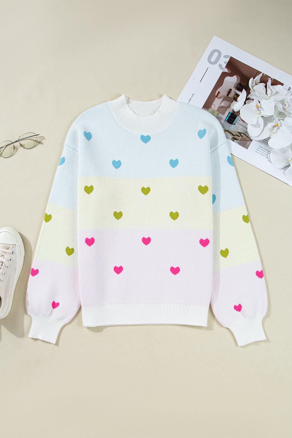 Multicolor Heart Pattern Colorblock High Neck Sweater Sweaters fa3686f1f9defc35