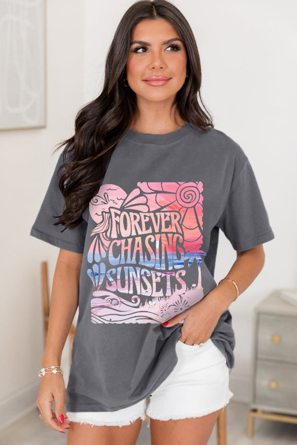 Gray FOREVER CHASING SUNSETS Heat Transfer Printing Graphic Summer T Shirt Graphic Tees fa371f3b75484049