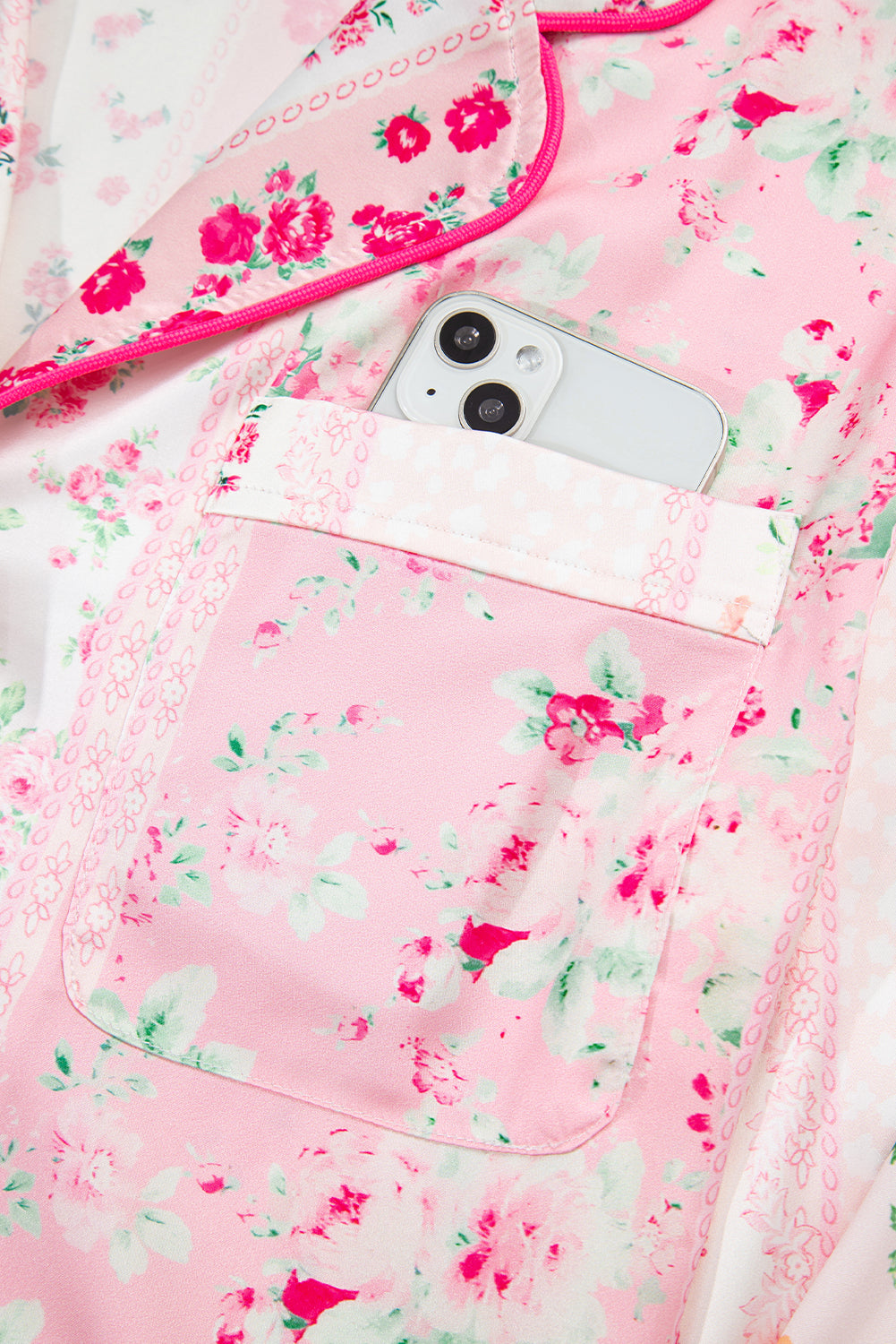 Pink Mixed Floral Print Contrast Piping Trim Satin Tie Pajama Set Loungewear Set fa42adef12b780d2