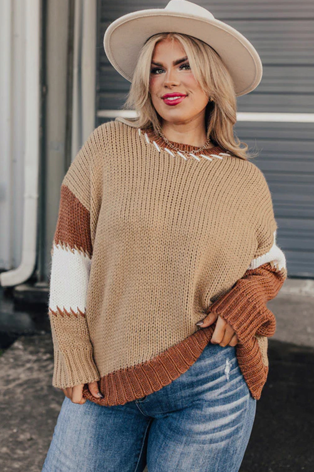Light French Beige Contrast Stitch Detail Colorblock Knitted Plus Size Sweater Plus Size Sweaters&Cardigans fa71e1d8728950a8