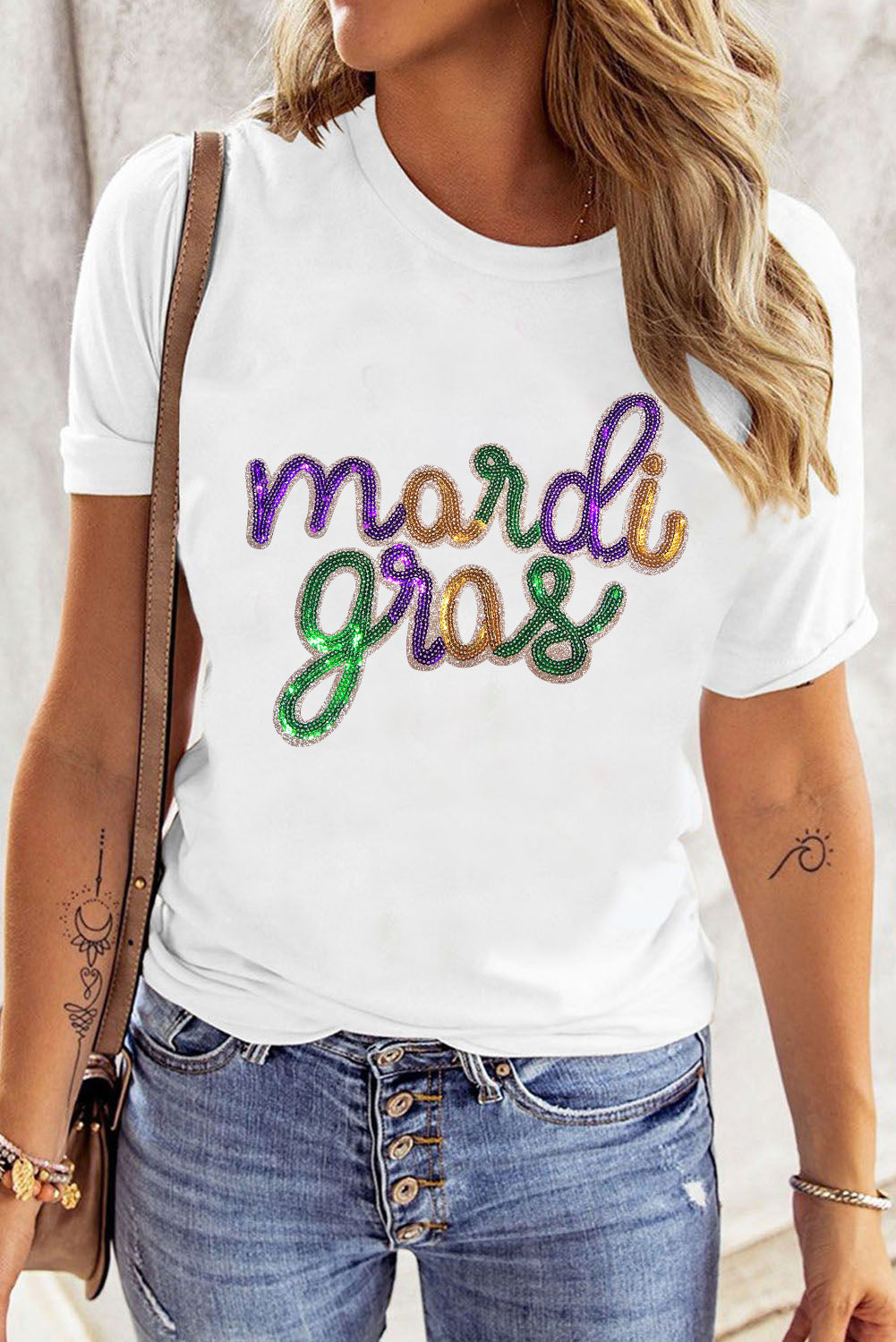 Wisteria Sequin mardi gras Letter Print Crewneck Tee Graphic Tees fa7aef2a5ea67ae9