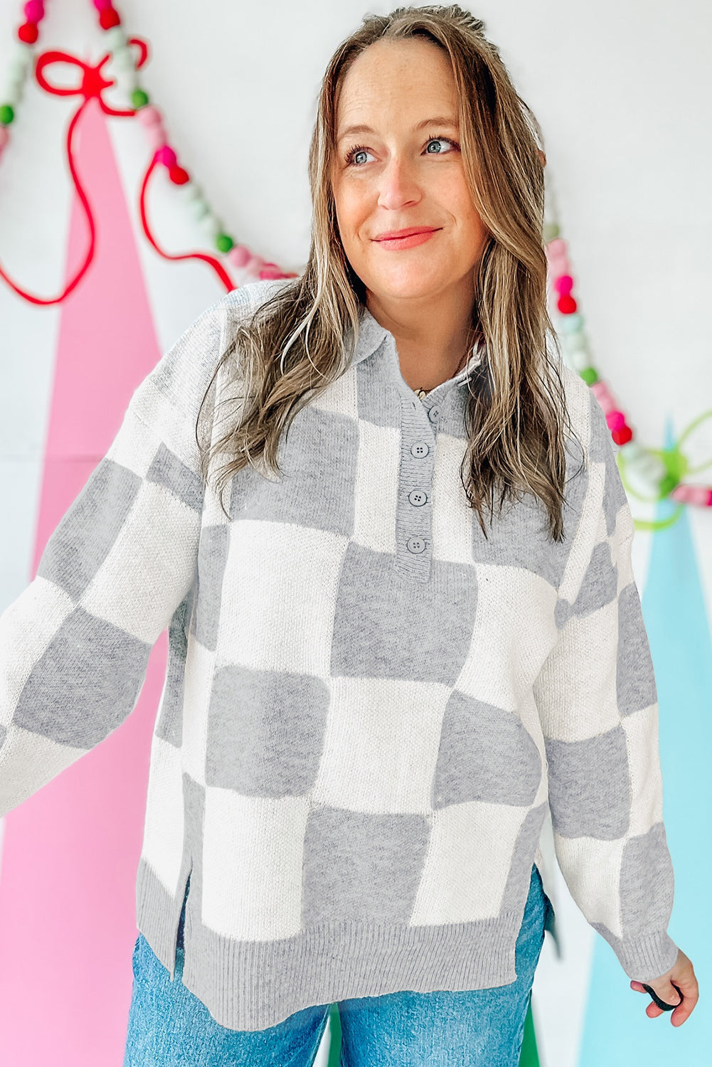 Gray Plus Size Checkered Pattern Button Polo Collar Split Sweater Plus Size Sweaters&Cardigans fa897506c8a686be