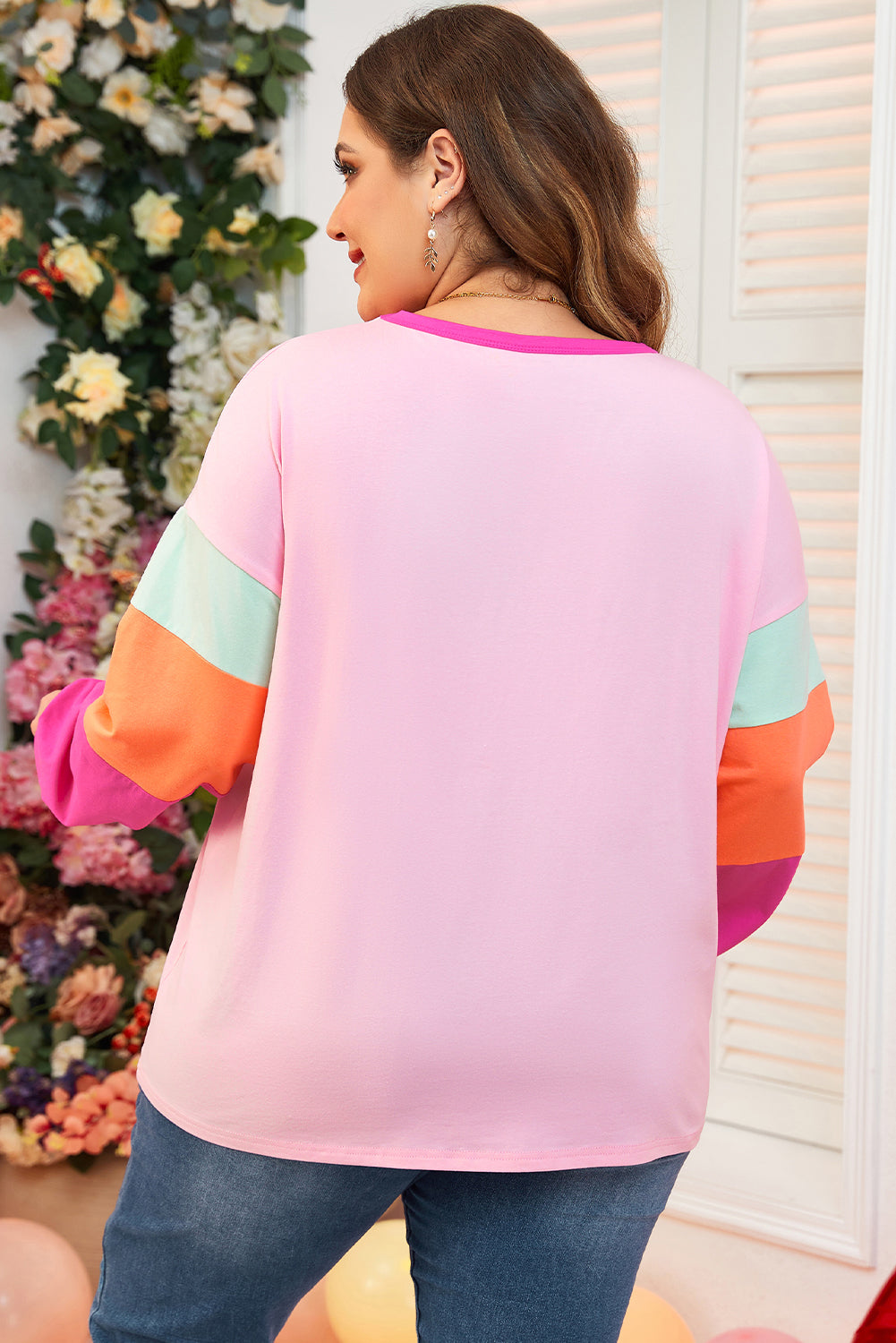 Pink Colorblock Long Sleeve Plus Size Top Plus Size Tops fa968a560762252b