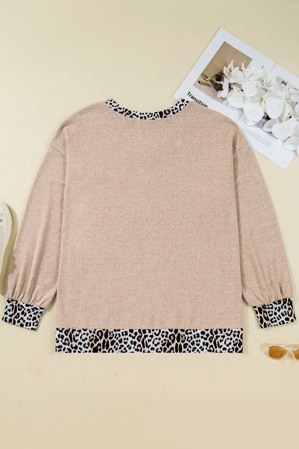 Parchment Leopard Patchwork V Neck Long Sleeve Plus Size Top Plus Size Long Sleeve Tops fa9ff81094dacc2e
