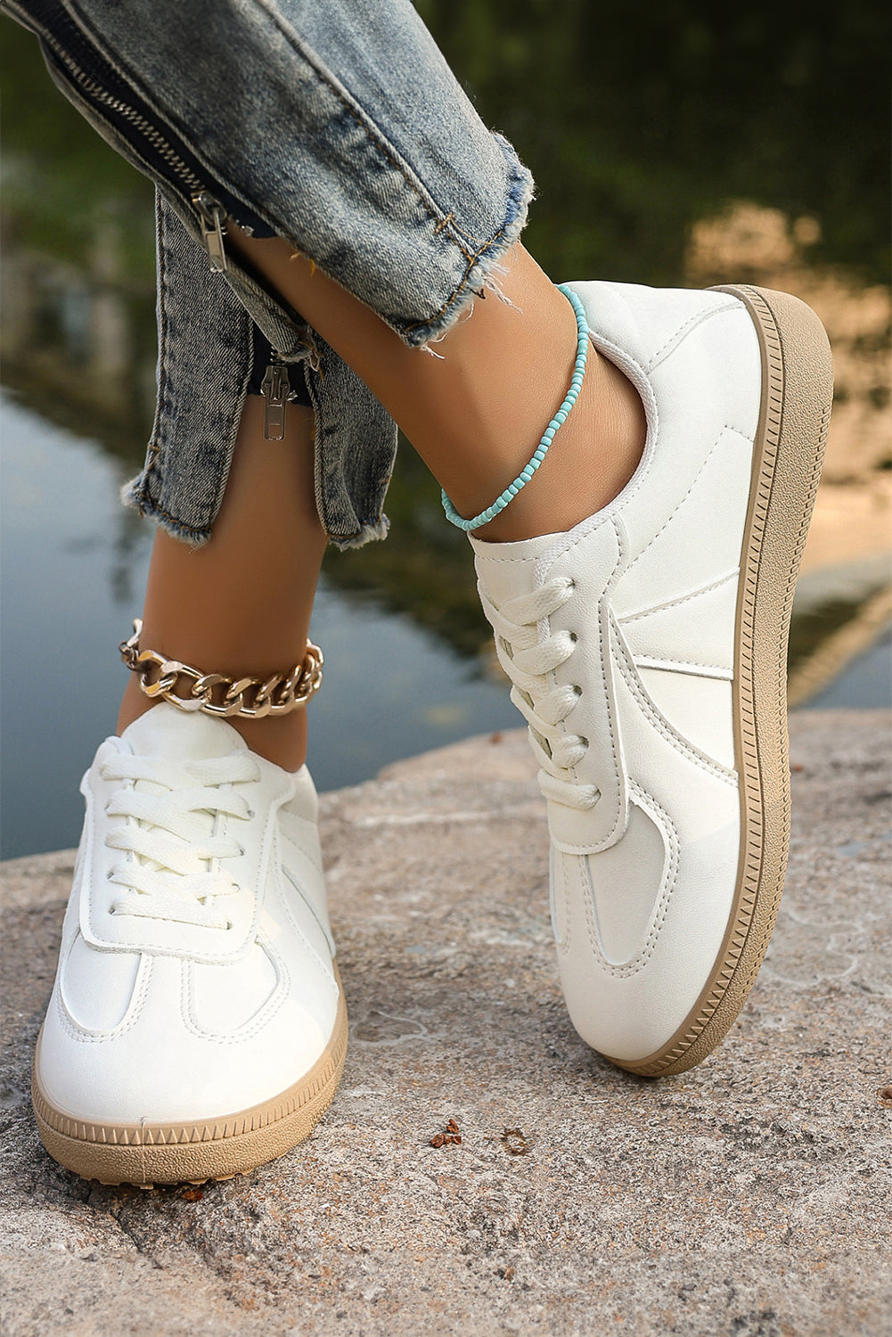 White Faux Leather Lace Up Flat Sneakers Sneakers fad98e60218907be