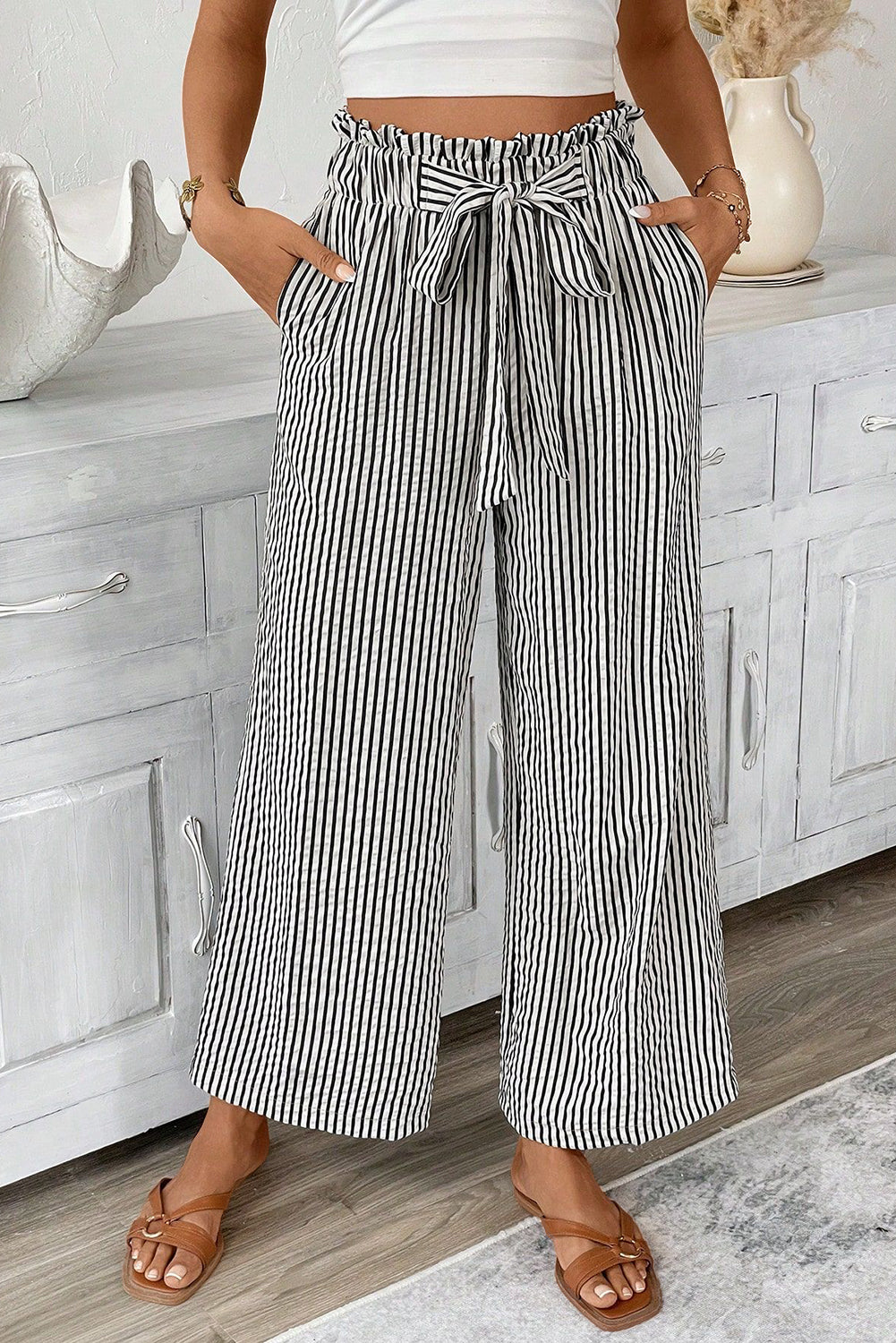 Black Striped Frill Knot Waist Decor Pants Pants fada98083000ea29