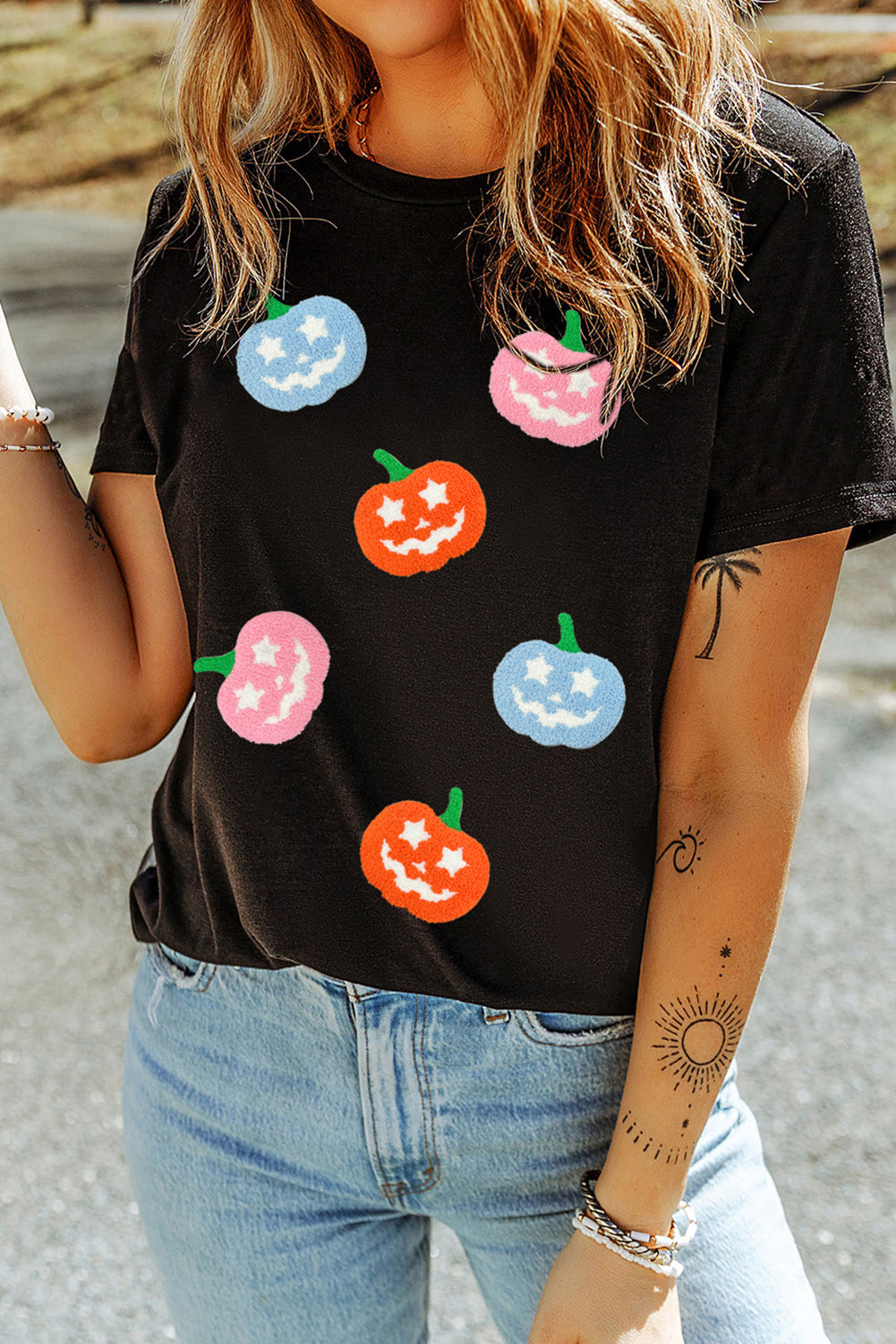 Black Chenille Pumpkin Patch Application Playful Halloween T Shirt Graphic Tees fae377edc616a218