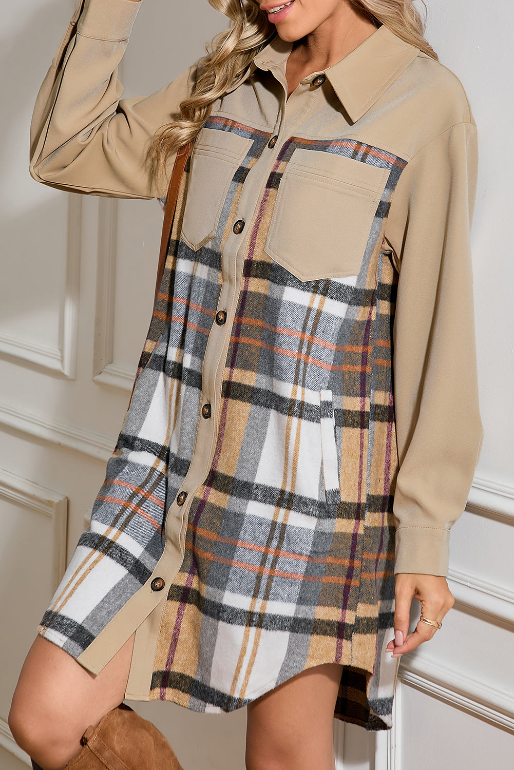 Khaki Plaid Patchwork Long Sleeve Jacket Jackets fb065a187898f822