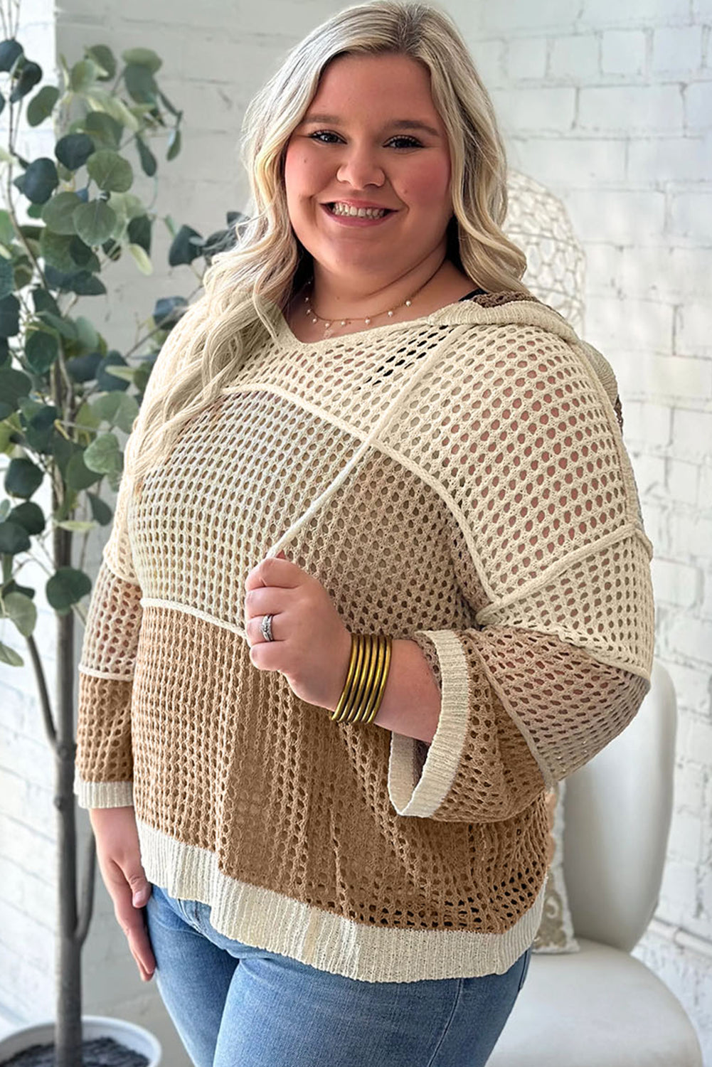 Parchment Colorblock Hollowed Knit Plus Size Hooded Jumper Sweater Plus Size Sweaters & Cardigans fb58e17cae4c3c24