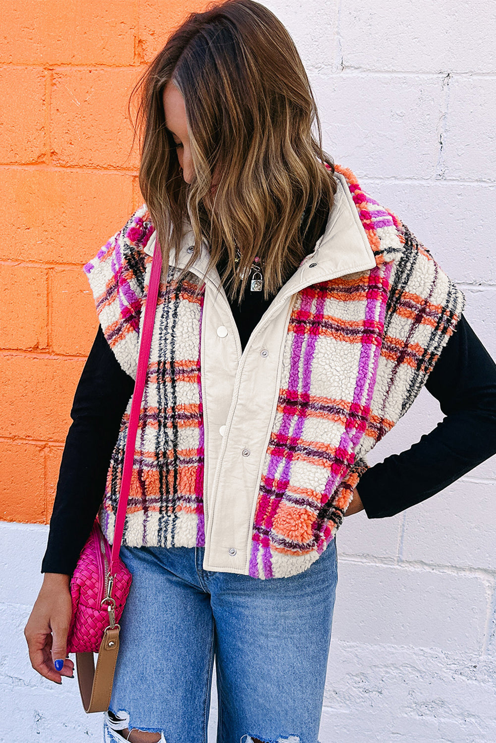 Rose Sherpa Plaid Collared Jacket Vest Jackets fb964c28c140e3ff