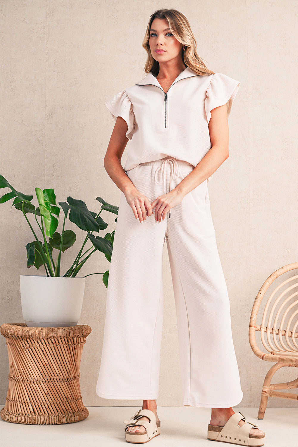 Beau Blue Textured Ruffle Sleeve Zipped Top and Wide Leg Pants Set Two Piece Pants Sets fbc997124fdde813