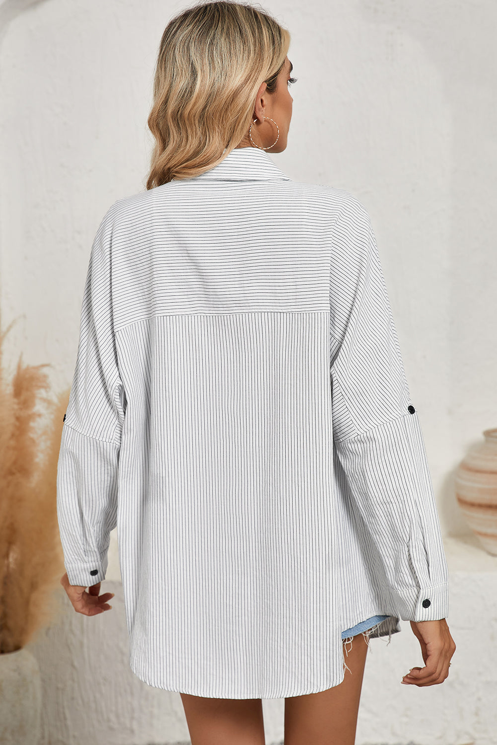 Black Stripe Roll-tab Sleeve Pocketed Tunic Shirt Shacket Long Sleeve Tops fbdcca4cd3c20145