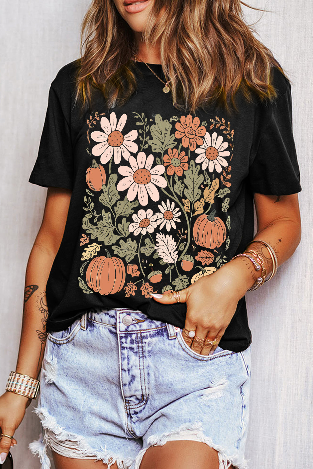 Black Wild Flower Pumpkin Heat Transfer Printing T Shirt Graphic Tees fbfd5a16de689a92