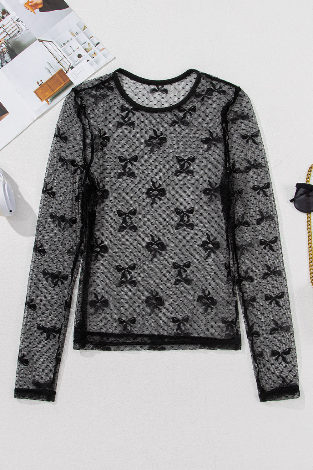 Black Dotted Bow Pattern Mesh Long Sleeve Top Long Sleeve Tops fc0cb03a86d2acf0