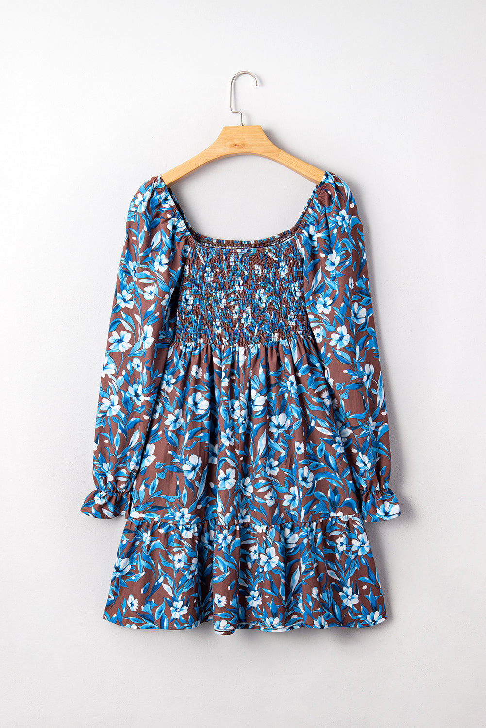 Blue Smocked Bodice High Waist Ruffled Sleeve Floral Dress Short Dresses fc3a3a2c3c8465ec