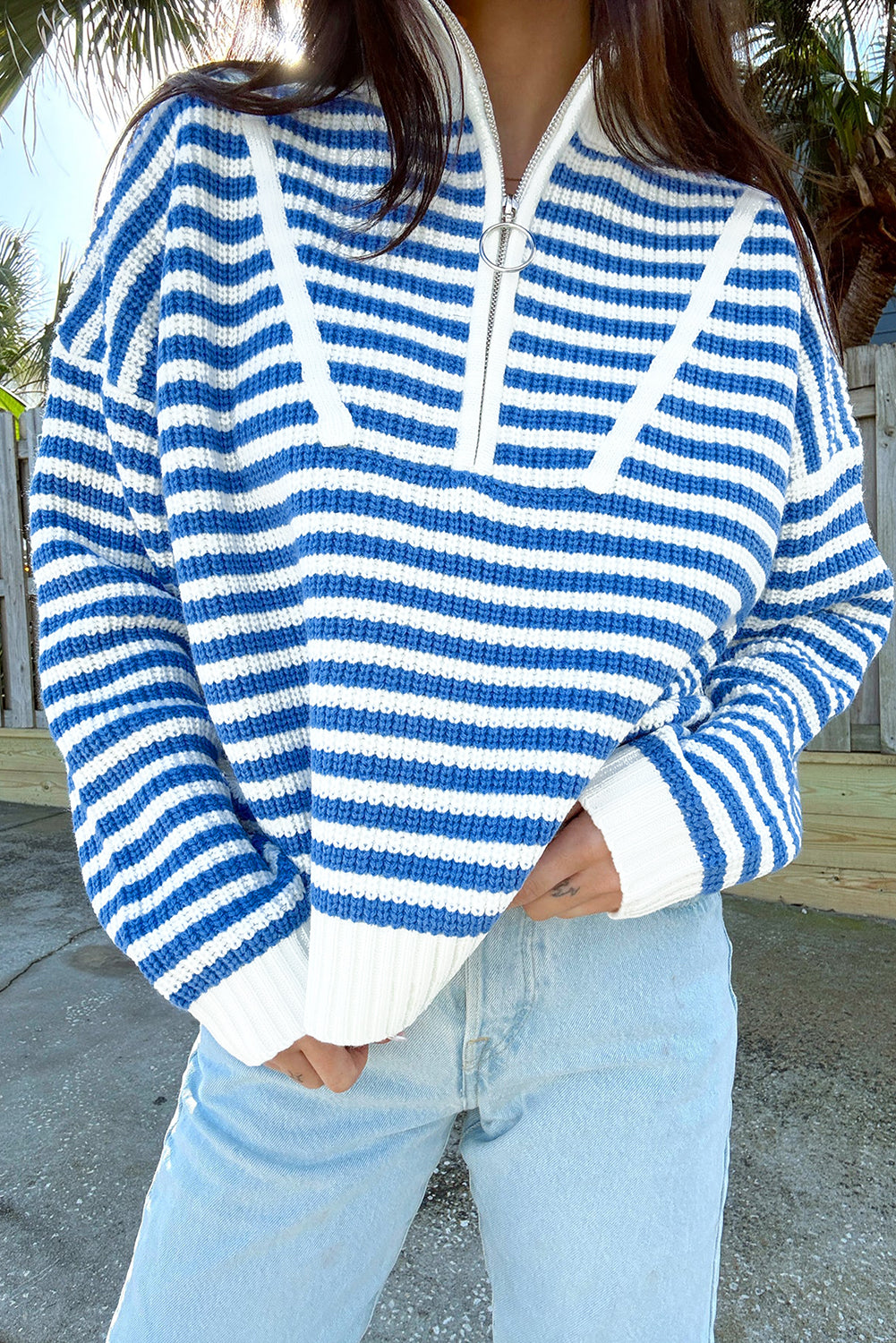 Sky Blue Stripe Zip up Collar Drop Sleeve Sweater Sweaters fc5368abdb72b7fc