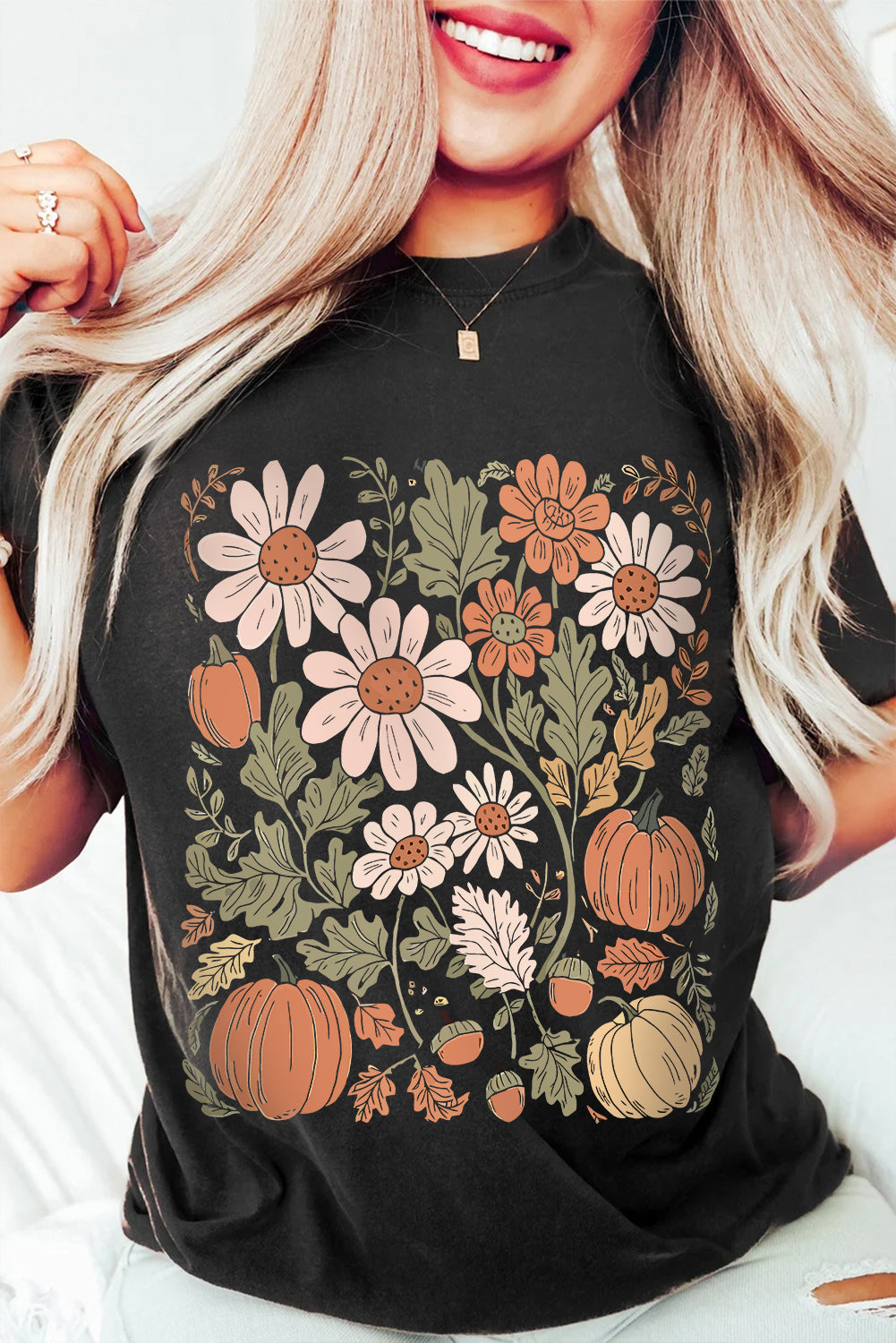 Black Wild Flower Pumpkin Heat Transfer Printing T Shirt Graphic Tees fc6e8a4978cfb882