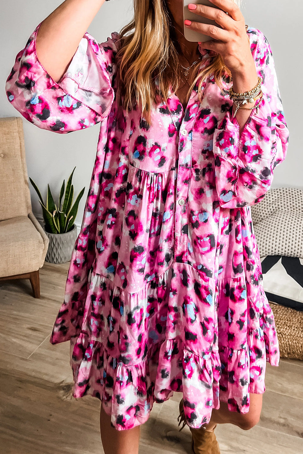 Khaki Leopard Button V Neck Pocket Flowy Mini Dress Short Dresses fc716f120b627e93