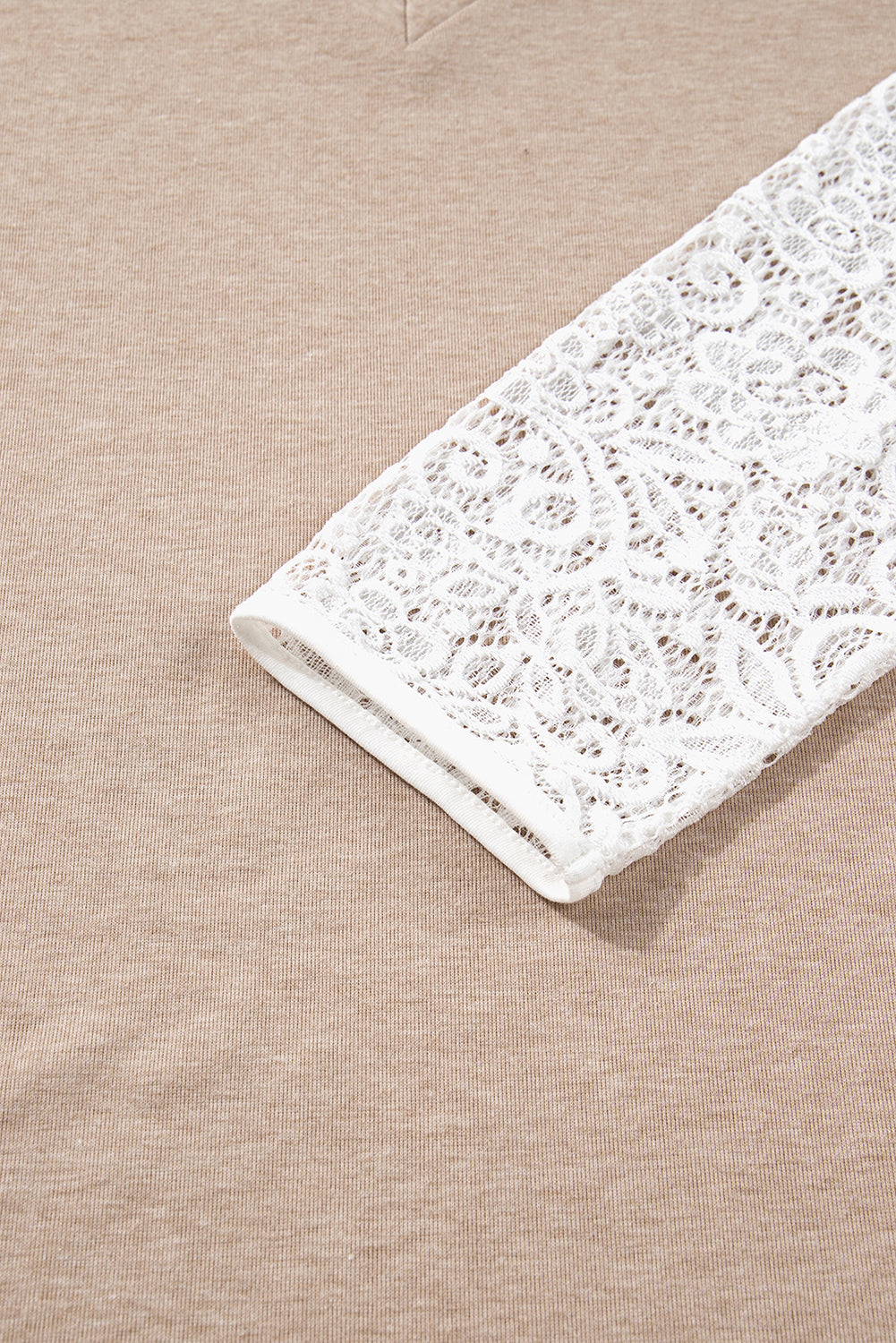 Oatmeal Lace Patchwork Sleeve V Neck Top Long Sleeve Tops fc76c16d27843a99