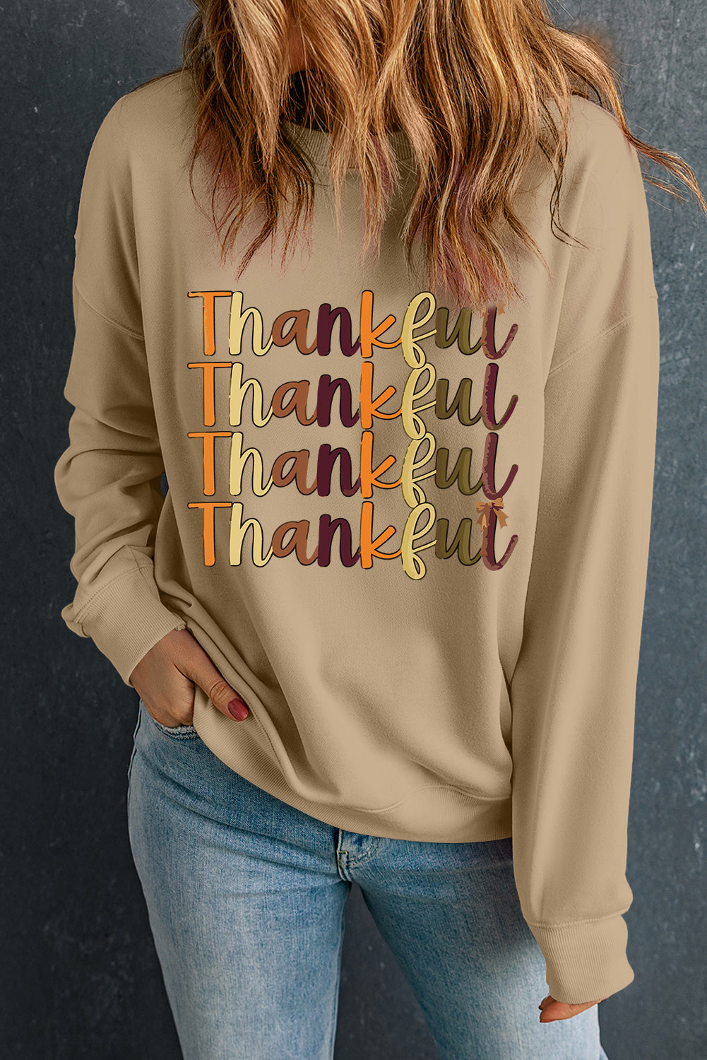 Khaki Thankful Letter Heat Transfer Printing Drop Shoulder Casual Sweatshirt Graphic Tees fc9ae7b1aa04b6c7