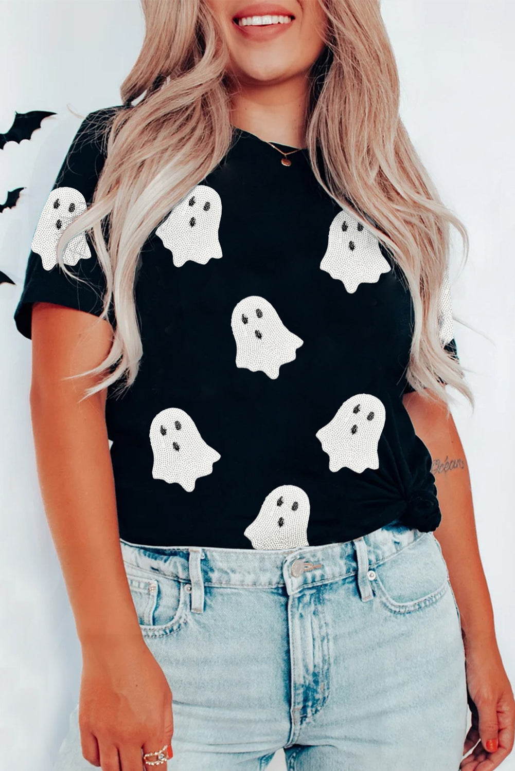 Sachet Pink Halloween Ghost Sequins Patch Casual T Shirt Graphic Tees fcb71fd656475494