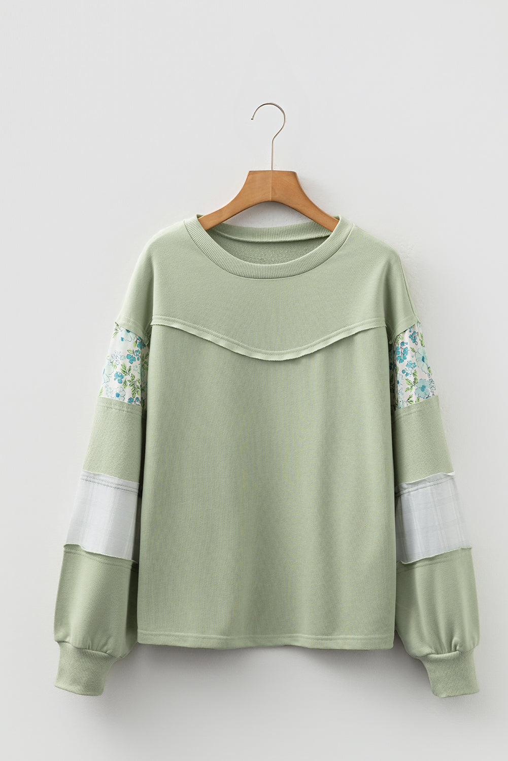 Laurel Green Floral Plaid Mixed Sleeve Raw Edge Relaxed French Terry Top Long Sleeve Tops fcb7d48a78978f65