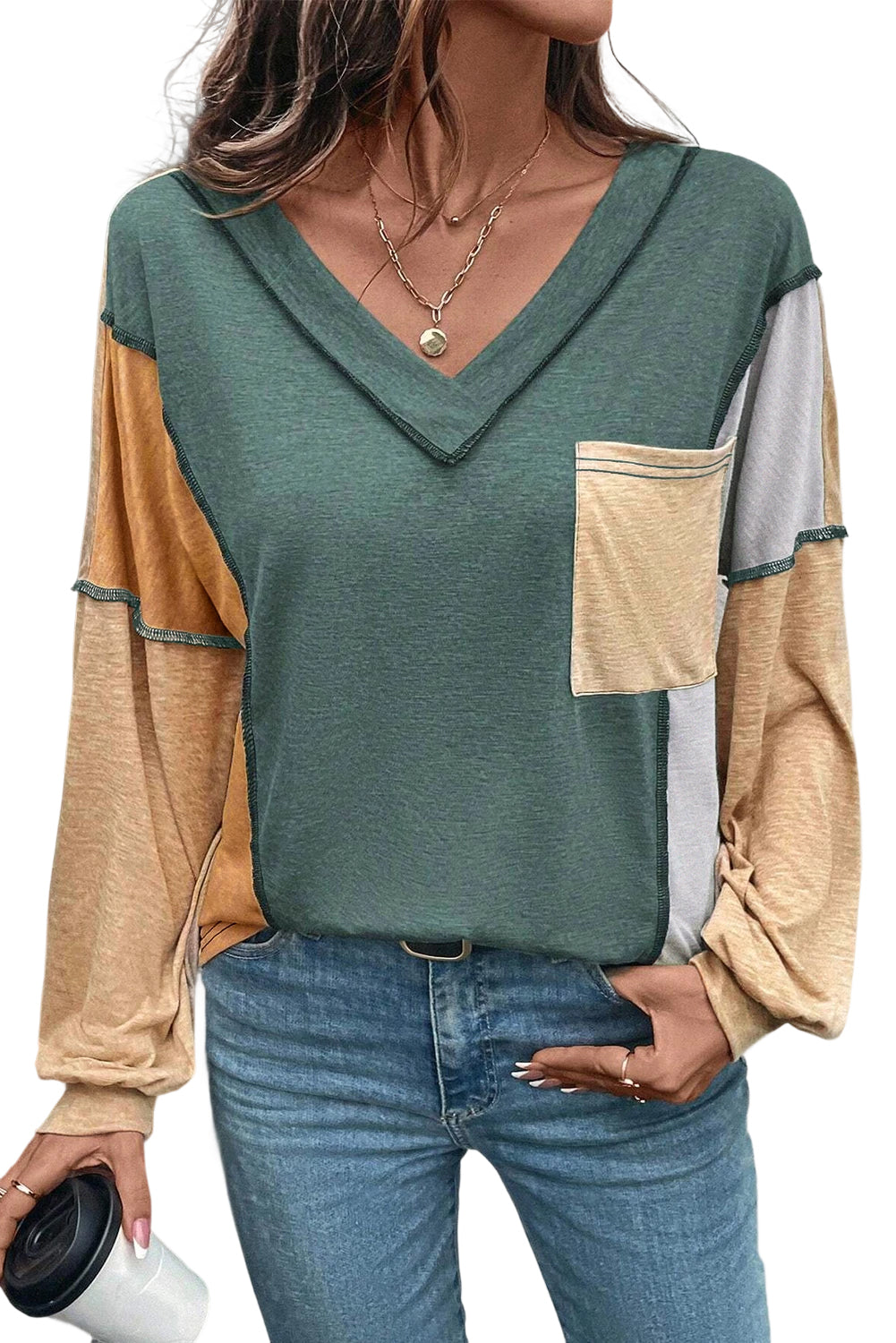 Green Exposed Stitching Colorblock V Neck Long Sleeve Top Long Sleeve Tops fcc1f4b05c69f901