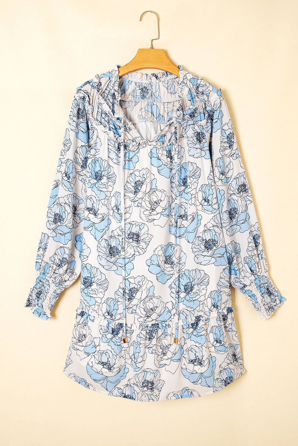 Sky Blue Floral Print Tie Neck Long Sleeve Flowy Mini Dress Short Dresses fcc3b85d8dd86e16