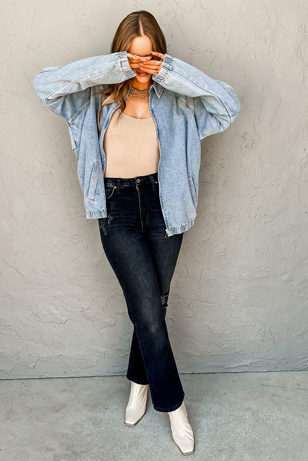 Myosotis Elastic Hem Collared Zip Up Denim Jacket Jackets fd3a129f6f685108