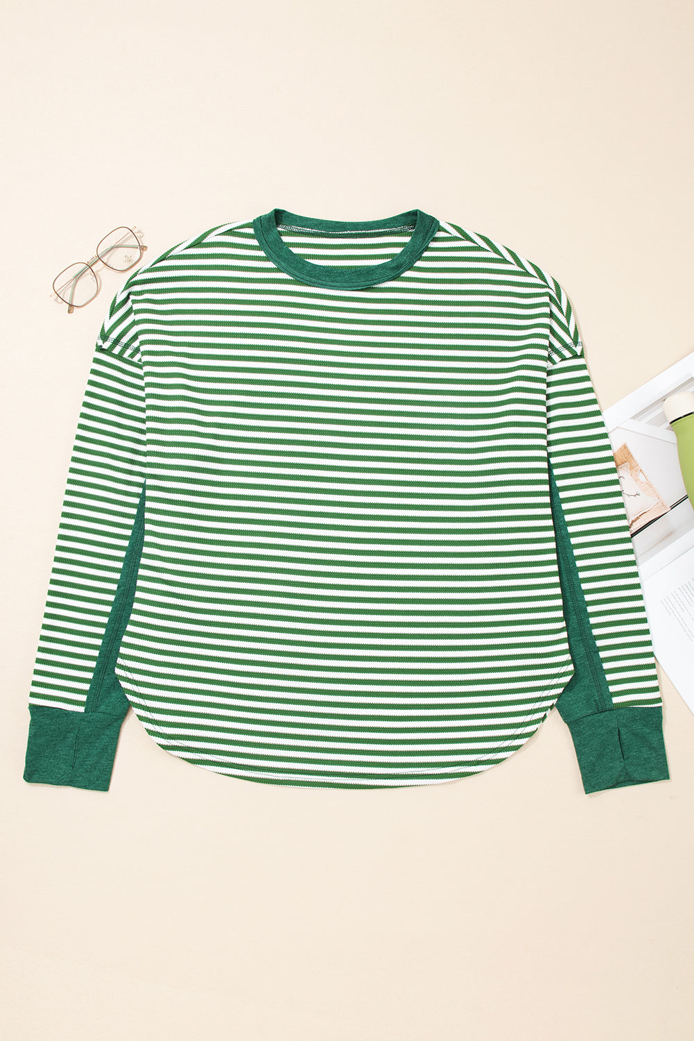 Green Stripe Exposed Seam Patchwork Plus Size Thermal Waffle Top Plus Size Tops fd7775d02295ea34