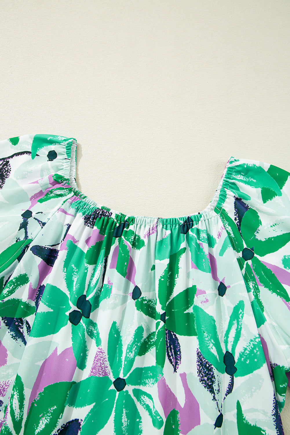 Green Floral Print Shirred Square Neck Loose Fit Mini Dress Short Dresses fd91753621b0ef36