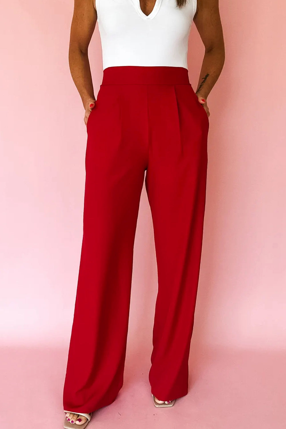 Fiery Red Pleated Detail Pull On Pants Pants fd9c8bfe9e319f4e
