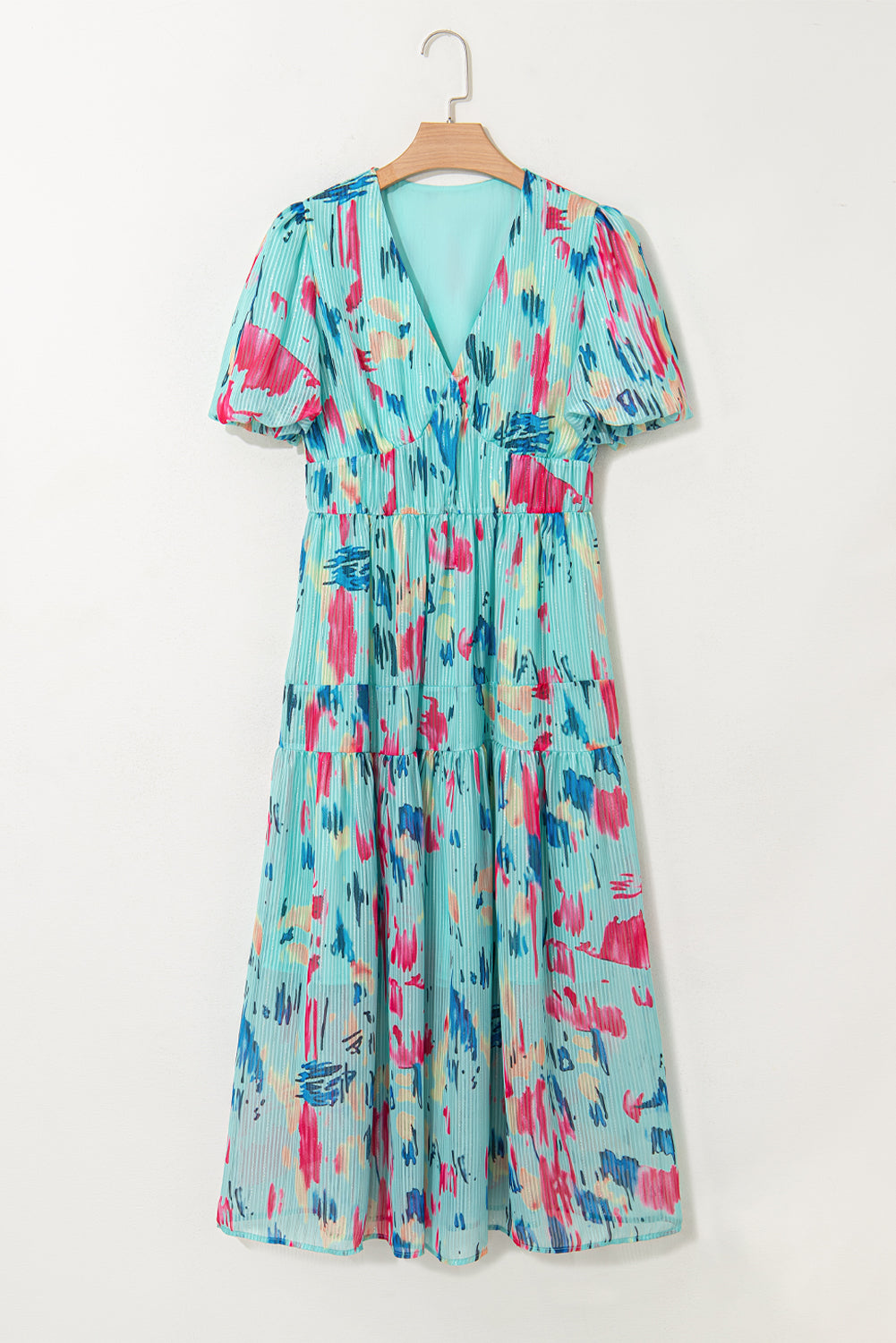 Sky Blue Abstract Print Short Puff Sleeve Tiered Maxi Dress Maxi Dresses fdd451345347d46f