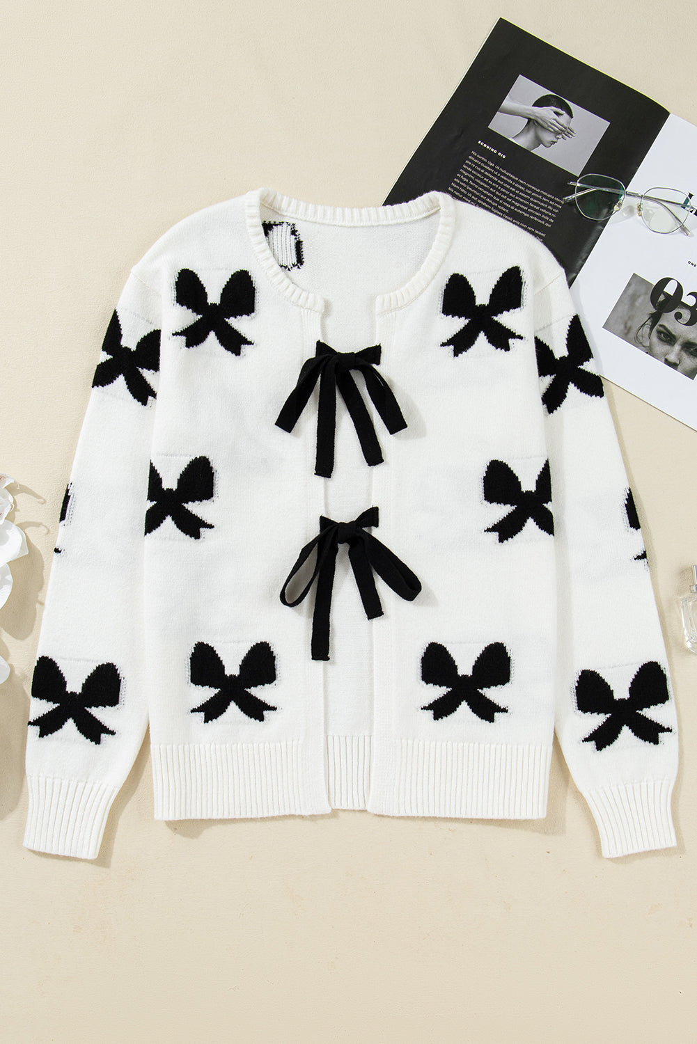 White Lace-Up Front Bow Pattern Round Neck Knit Cardigan Cardigans fe7ee4b48658e90c