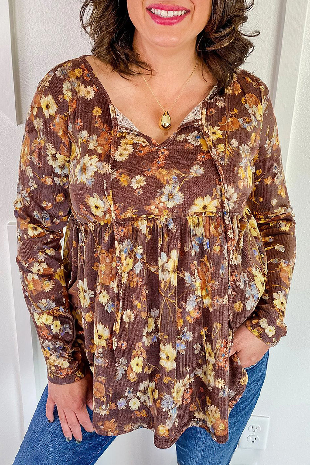 Khaki Floral Textured Long Sleeve Tie Neck Plus Size Babydoll Blouse Plus Size Tops feb1fe7452410d03