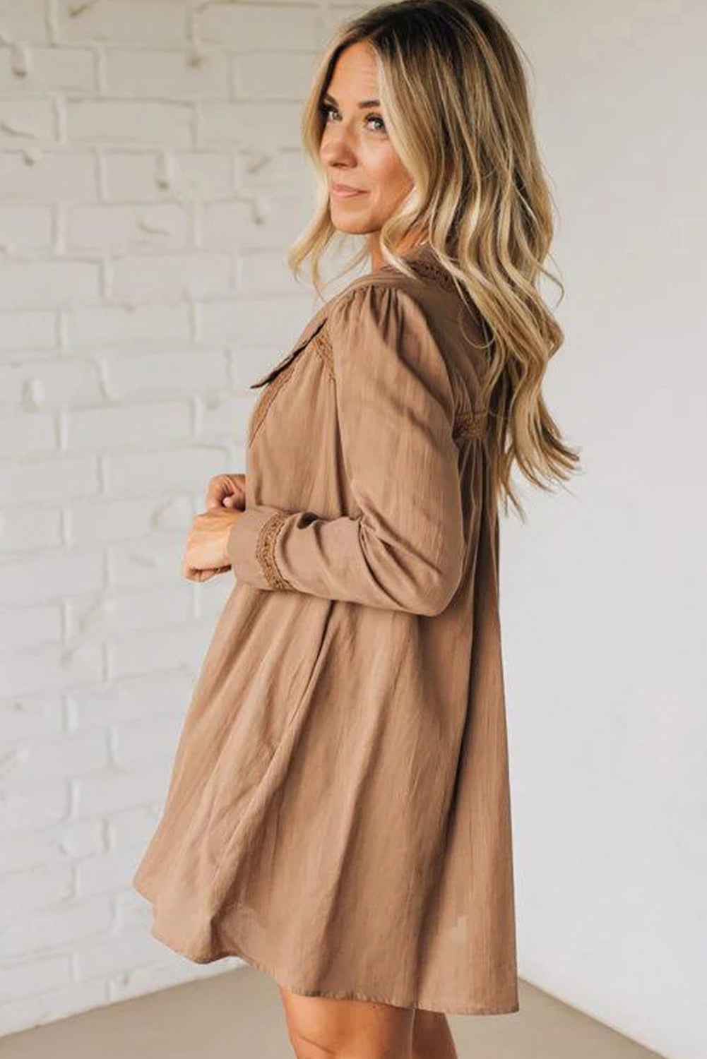 Straw Yellow Lace Trim Peter Pan Collar Long Sleeve Mini Shirt Dress Short Dresses febeb647b4cd893a