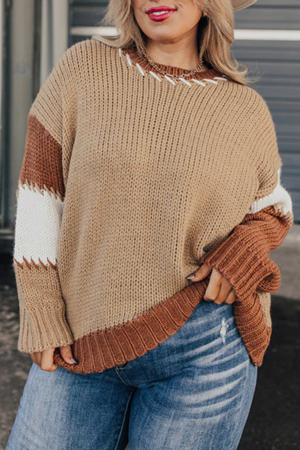 Light French Beige Contrast Stitch Detail Colorblock Knitted Plus Size Sweater Plus Size Sweaters&Cardigans fec1ea9dde603a9e