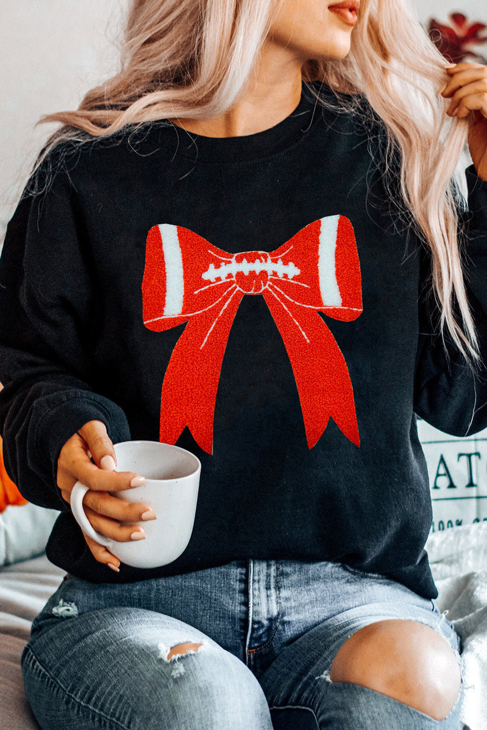 Black Game Day Chenille Bow Terry Flocking Drop Shoulder Sweatshirt Graphic Tees fec3fb0c2ce6f481