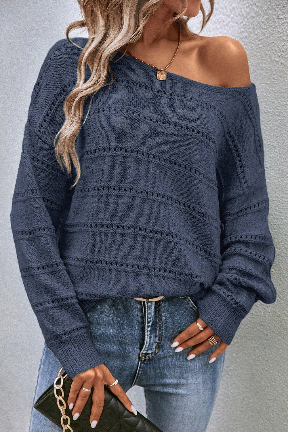 Real Teal Boat Neck Drop Shoulder Pointelle Knit Sweater Sweaters ff04ace3a0281b5d