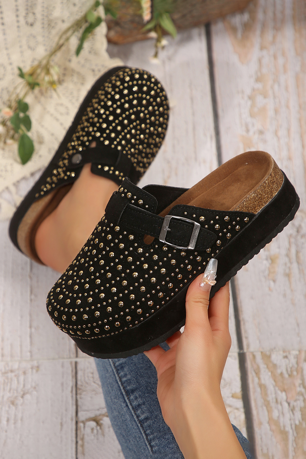 Black Vintage Studded Platform Slippers Slides Shoes + Flip Flops ff66579479472228