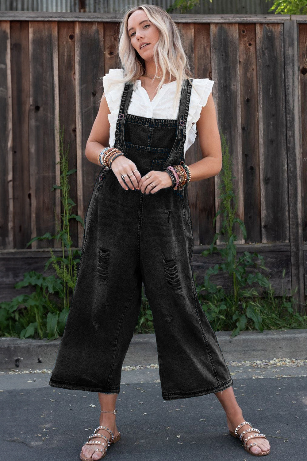 Black Distressed Bib Pocket Wide Leg Denim Overall Jumpsuits ff67557658dbf841