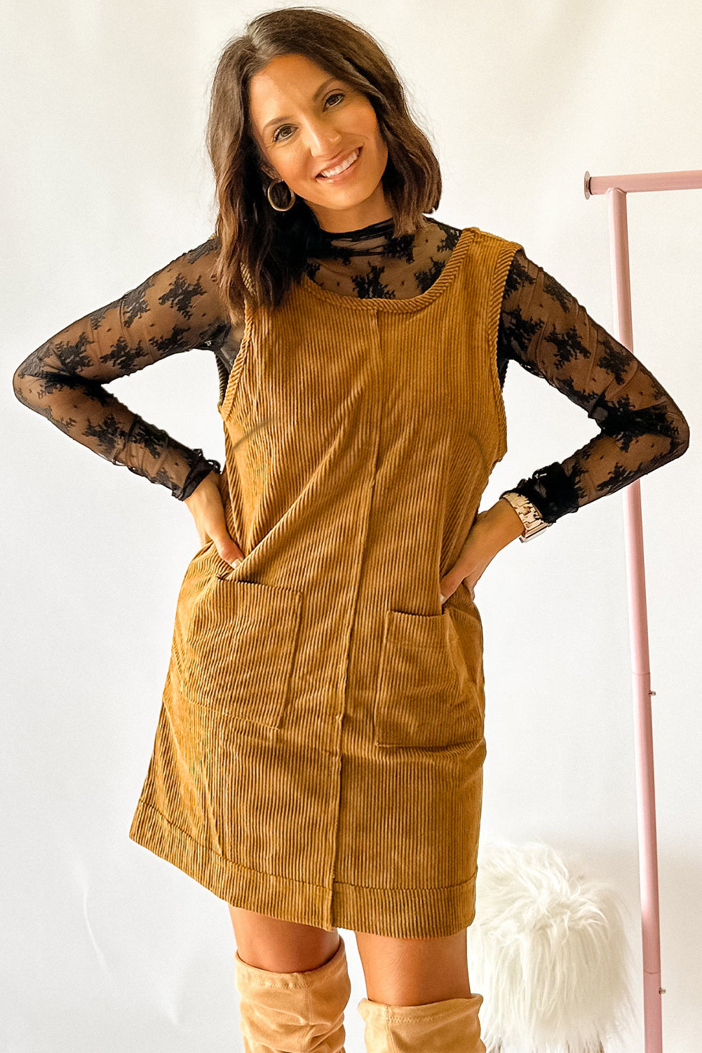 Beige Corduroy Exposed Seam Sleeveless Mini Dress Short Dresses ff8c24fdd4b5d14e