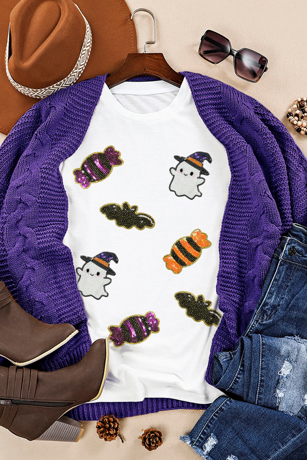 White Sequined Halloween Spirit Pattern Patched Custom Casual Tee Graphic Tees ff8ebdb114612b1b