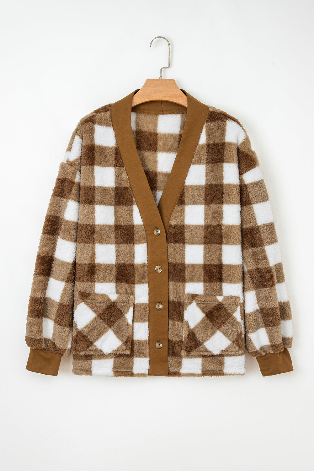 Brown Checkered Sherpa Loose Knit Cardigan with Pockets Cardigans ffd55ced53c31f57