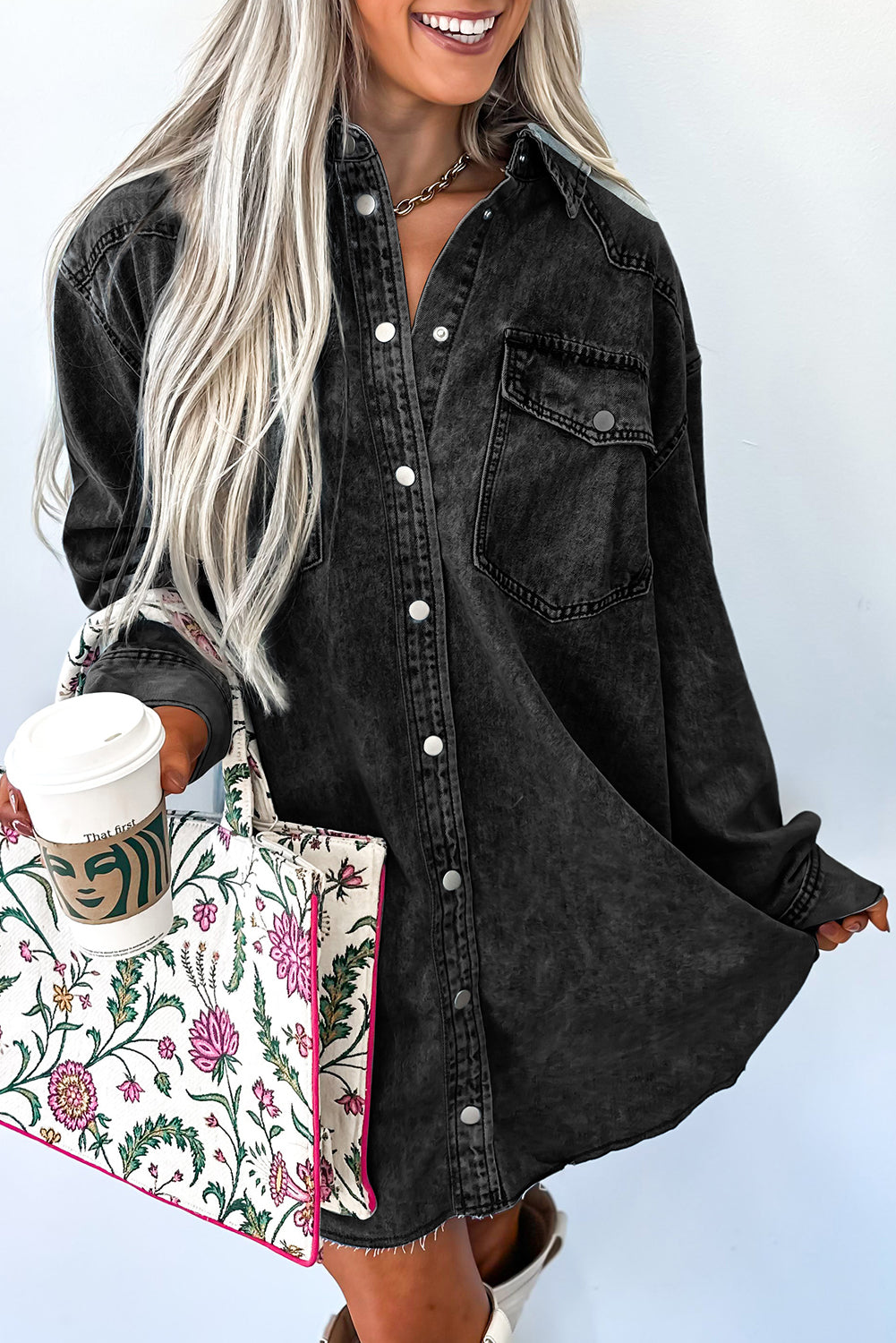 Medium Grey Chest Pocket Raw Hem Denim Loose Shirt Dress Short Dresses ffe02f873a3e520d