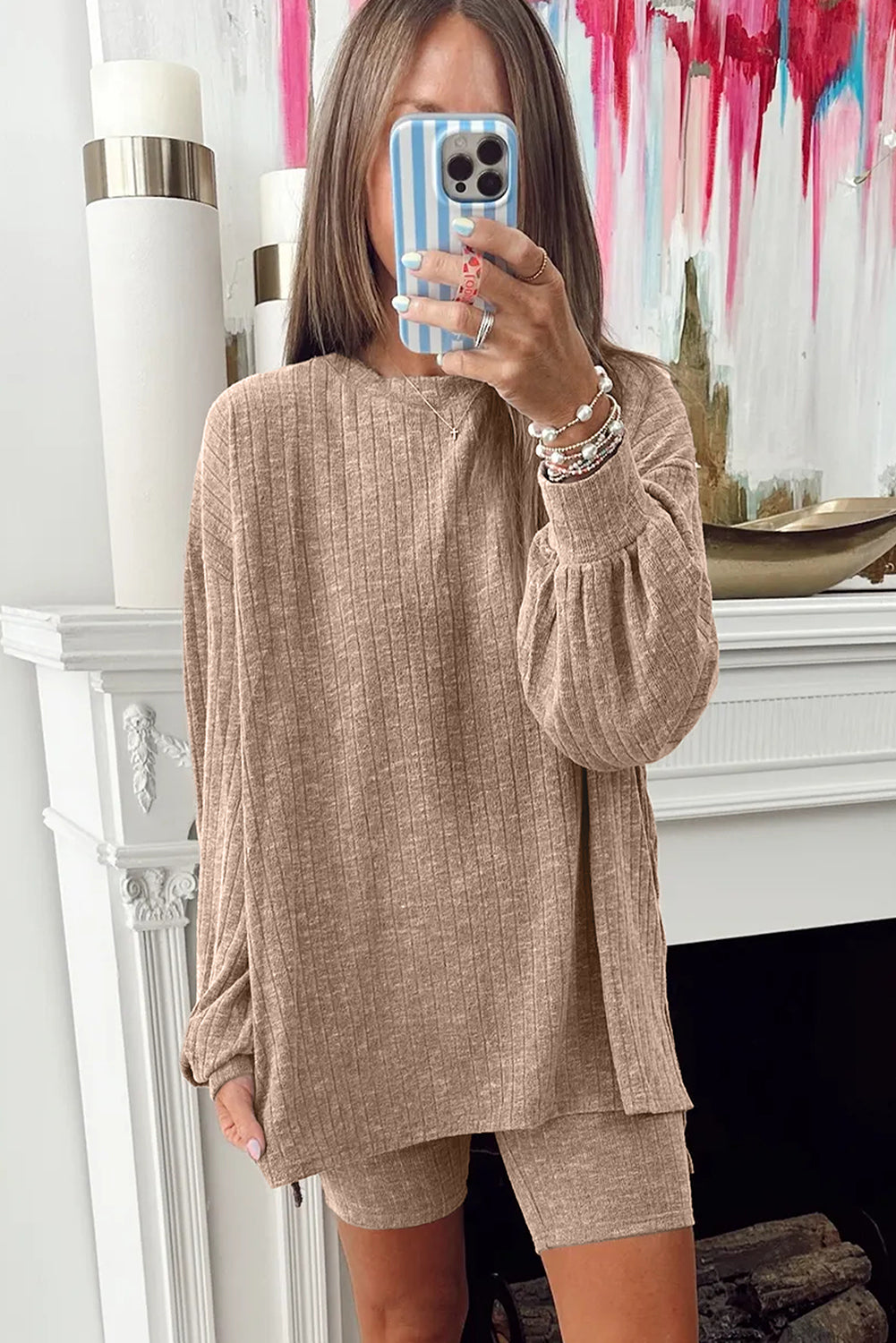 Dark Khaki Ribbed Balloon Sleeve Pullover Top and Biker Knitted Shorts Set Two Piece Shorts Sets fff583915bdce8e3