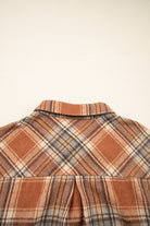 Brown Plaid Print Flap Pocket Button Plus Size Shirt Plus Size Outerwear 000238e55743ddb7