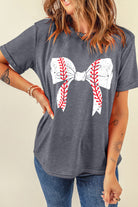 Gray Casual Baseball Bowknot Graphic Roll Up Sleeve Tee Graphic Tees 004062371c2adce9